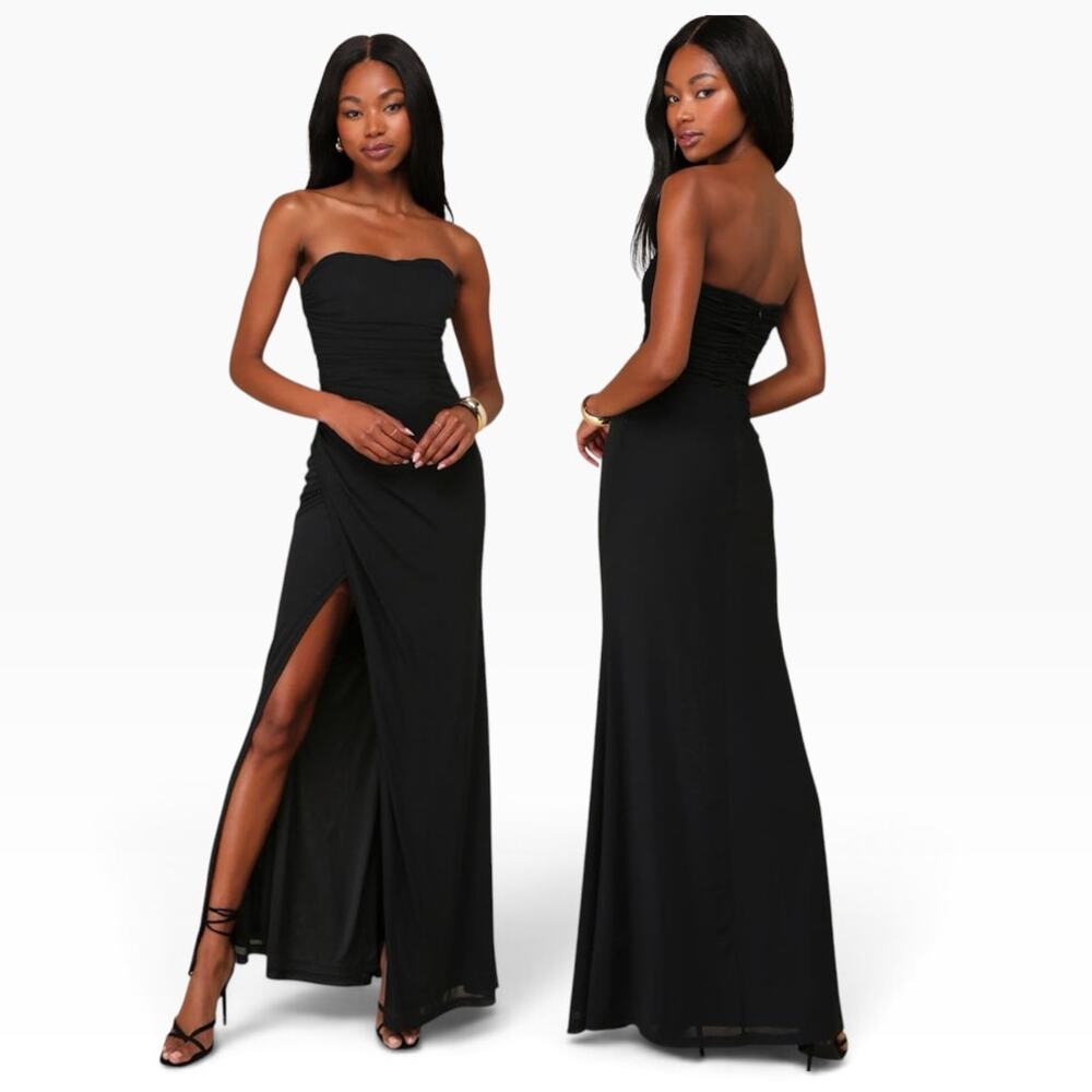 Lulus Epitome of Allure Black Mesh Strapless Ruched Maxi Dress size L NWT